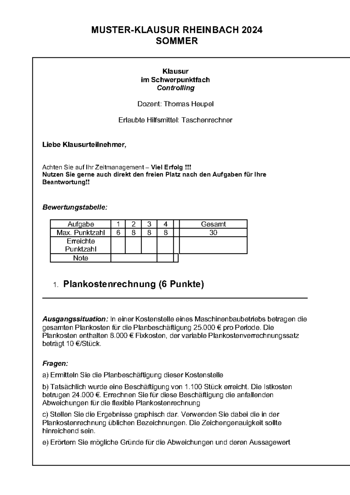 Plankostenrechnung auf Vollkostenbasis: Aufgaben und Lösungen - Studocu