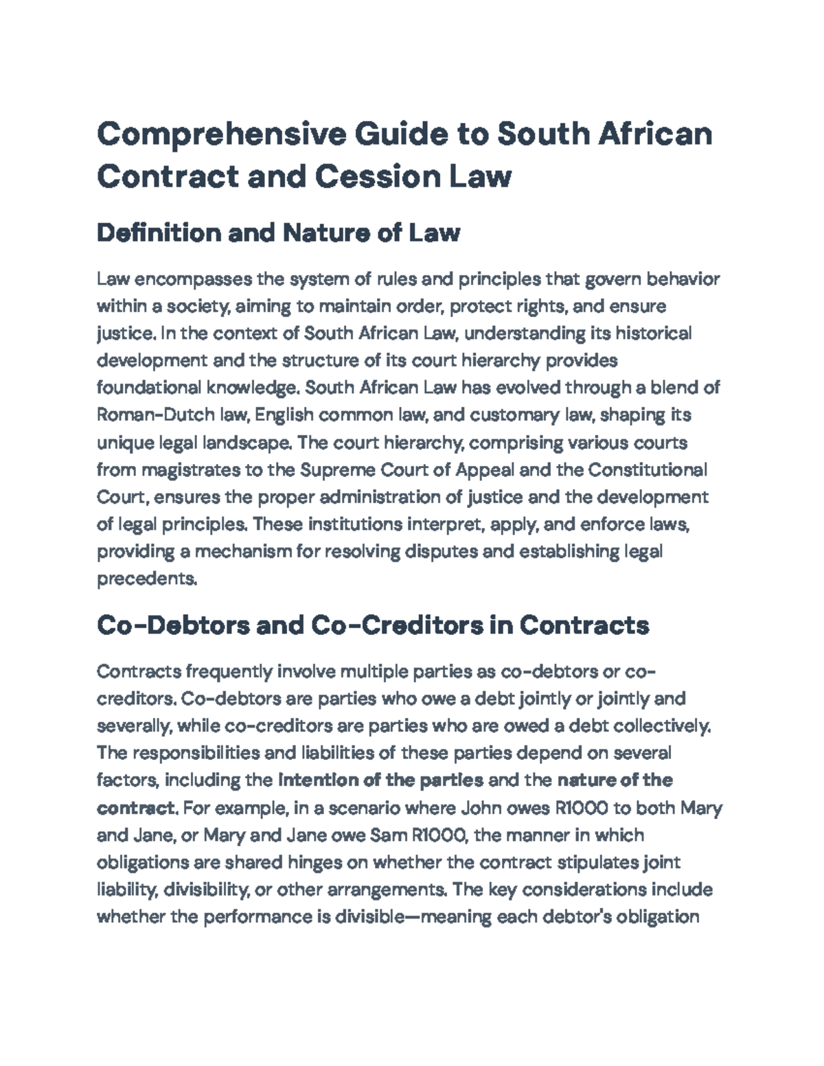Comprehensive Overview of S.A. Contract & Cession Law Principles - Studocu