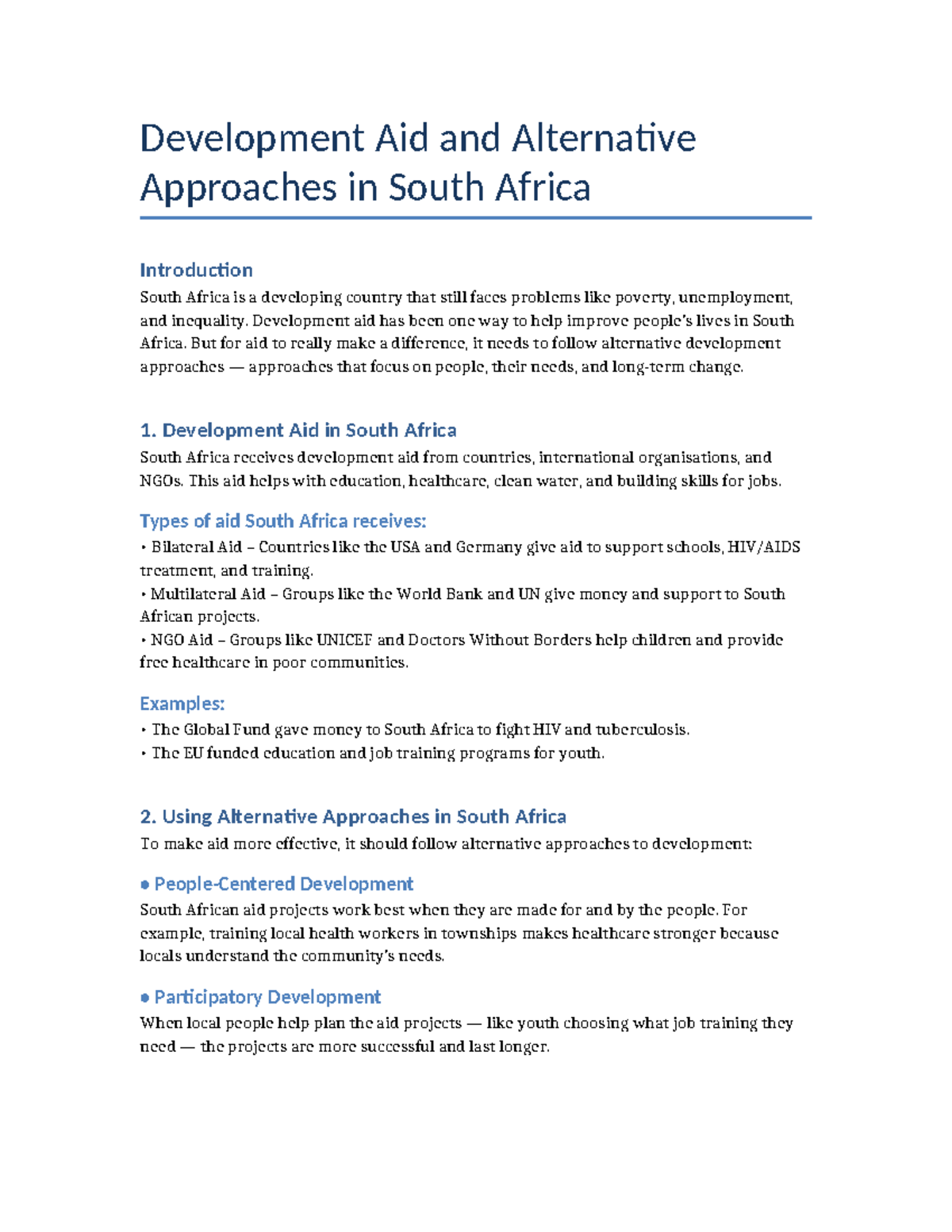 Development Aid & Alternative Approaches in South Africa: A Study - Studocu