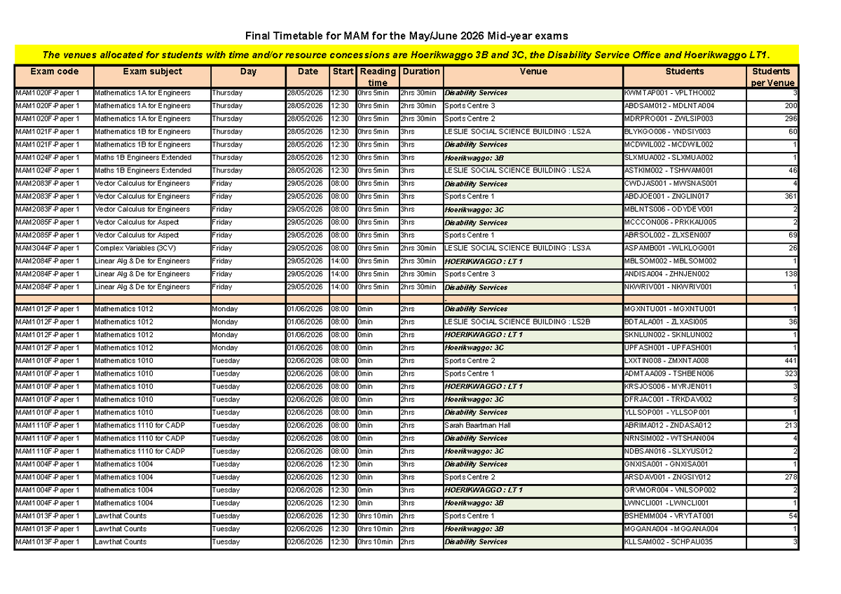 MAM 2026 Final Exam Timetable and Venue Allocations - Studocu
