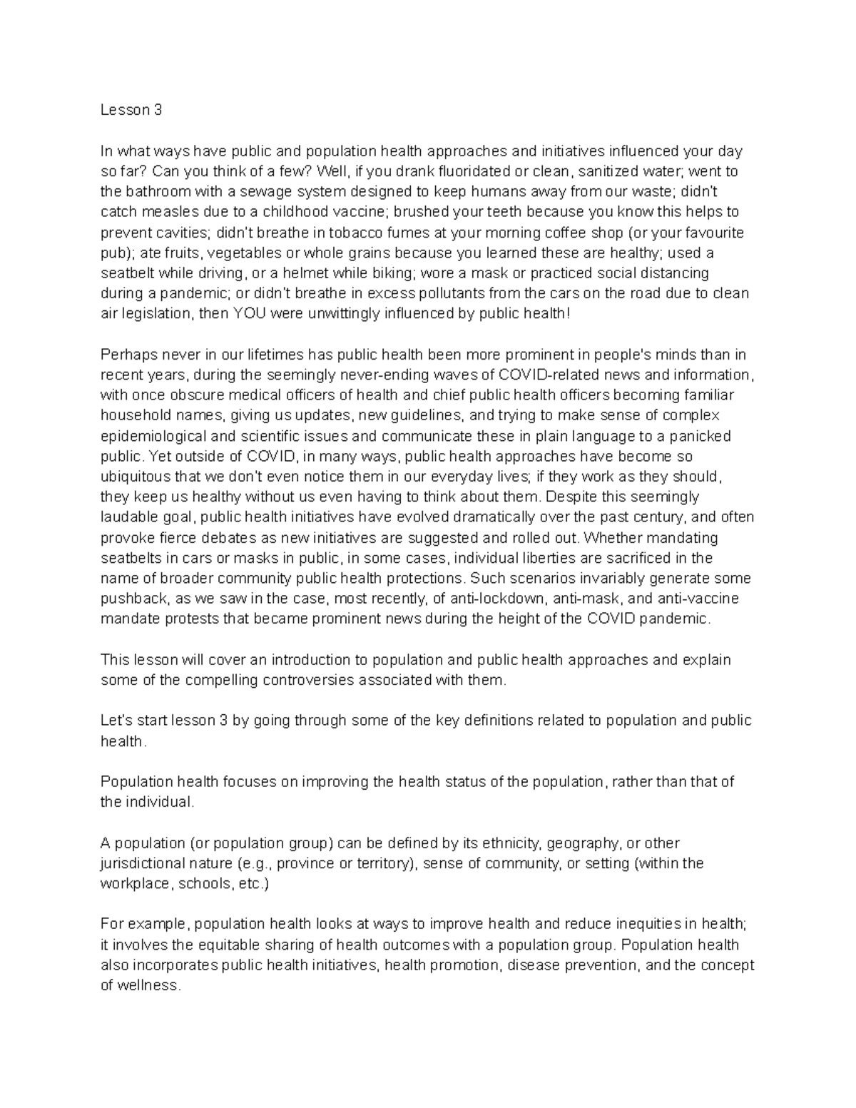 Lesson 3: The Impact of Public and Population Health on Daily Life ...