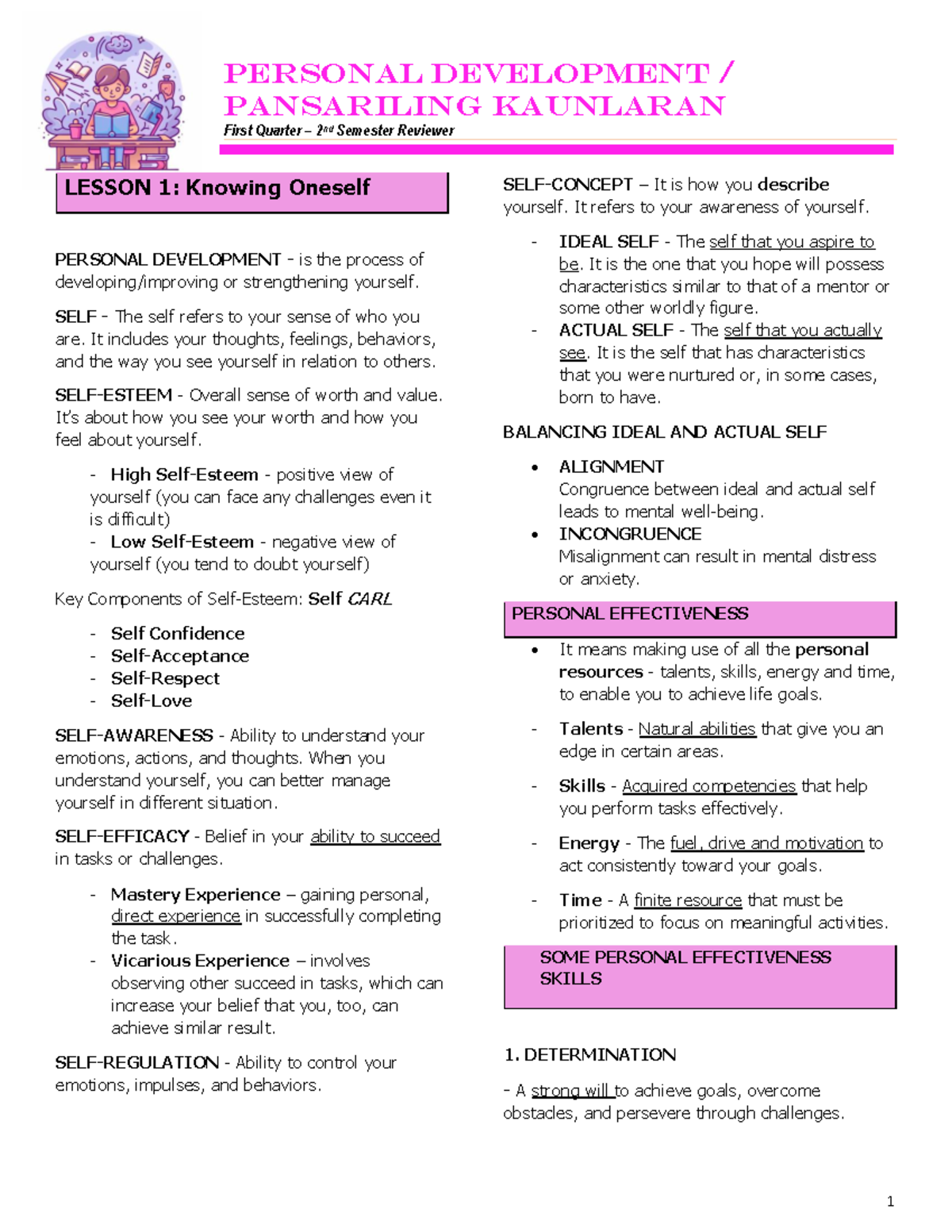PERDEV 1st Qtr 2nd Sem Exam Reviewer: Knowing Oneself & Personal ...