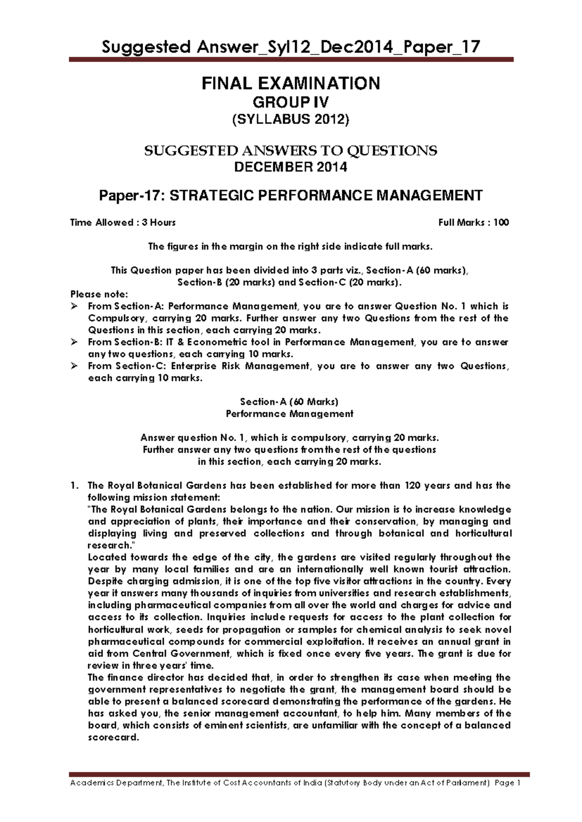 Final Examination Paper-17: Strategic Performance Management - Studocu