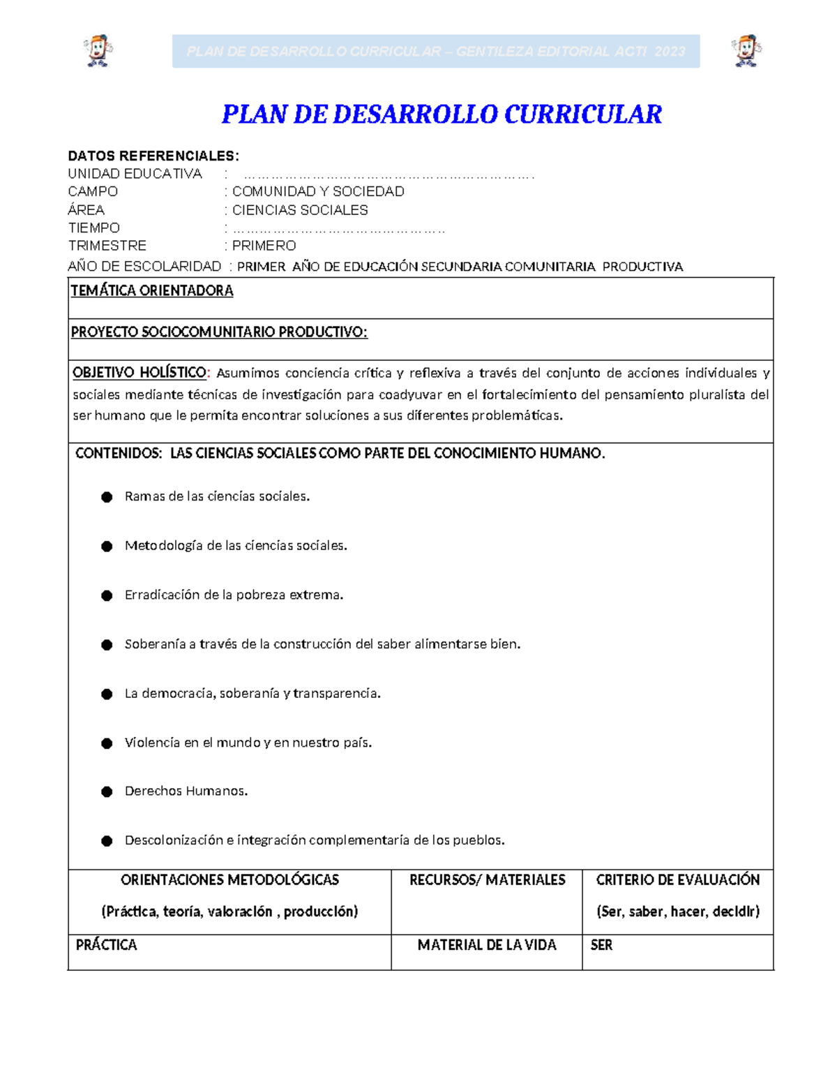 C. Sociales 1° AÑO - PLAN DE DESARROLLO CURRICULAR 2023 - Studocu