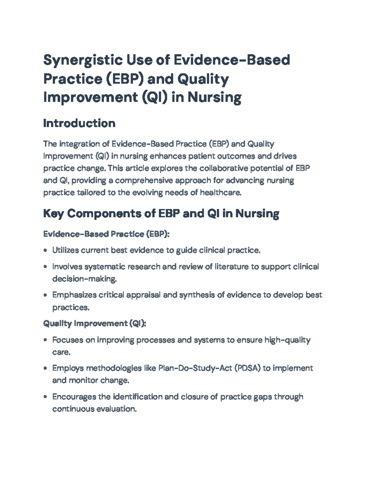 Integrating EBP and QI in Nursing: Enhancing Patient Outcomes (NUR 101 ...