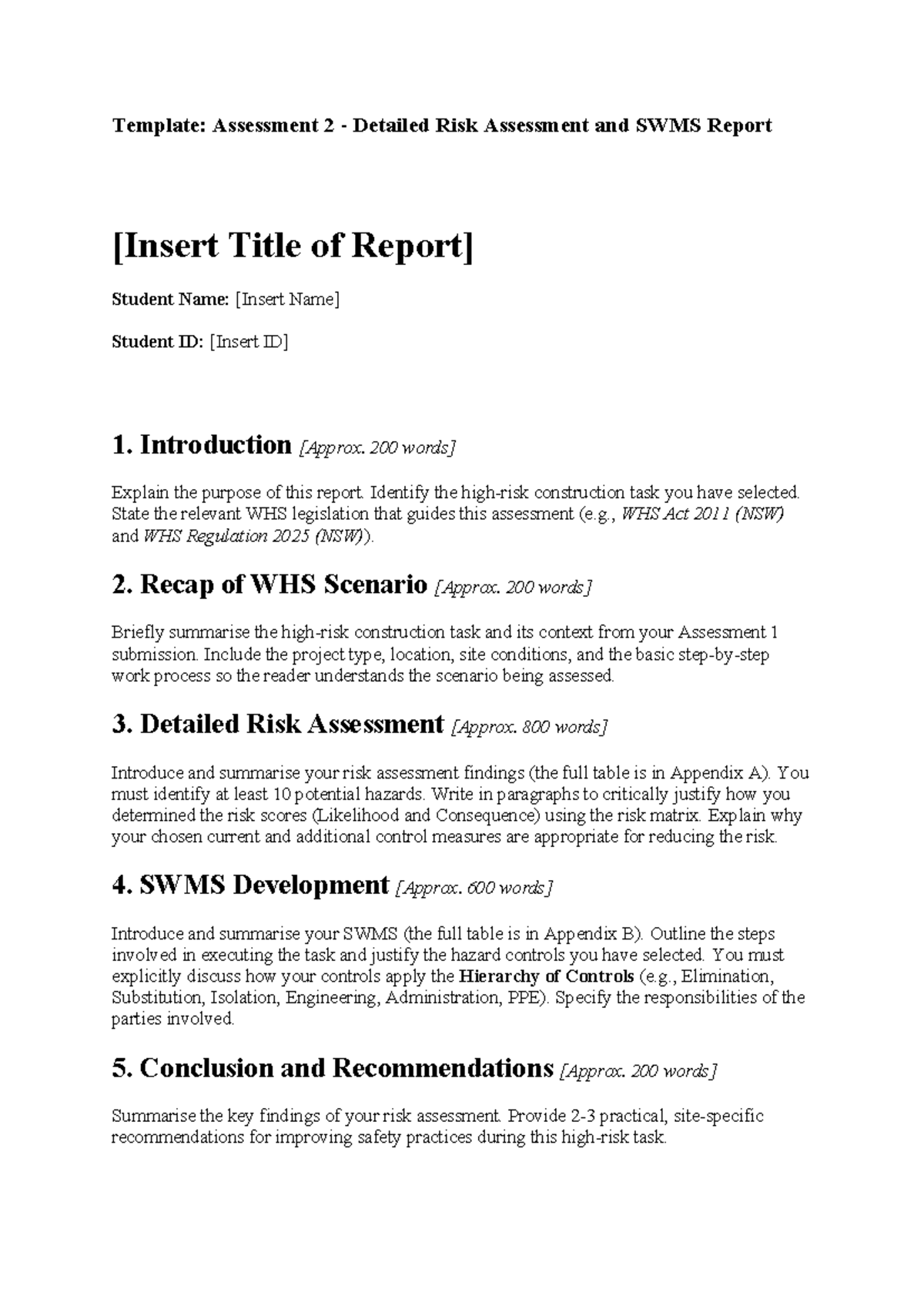 A2: Detailed Risk Assessment & SWMS Report Template - Studocu