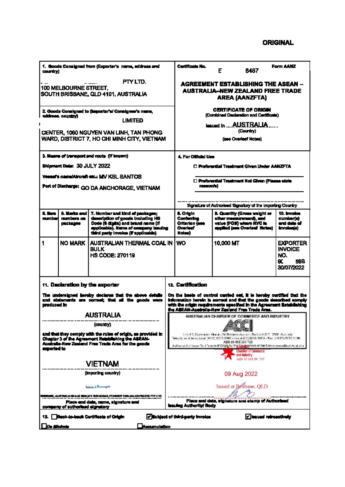 AANZFTA Certificate of Origin for Australian Thermal Coal Export - Studocu