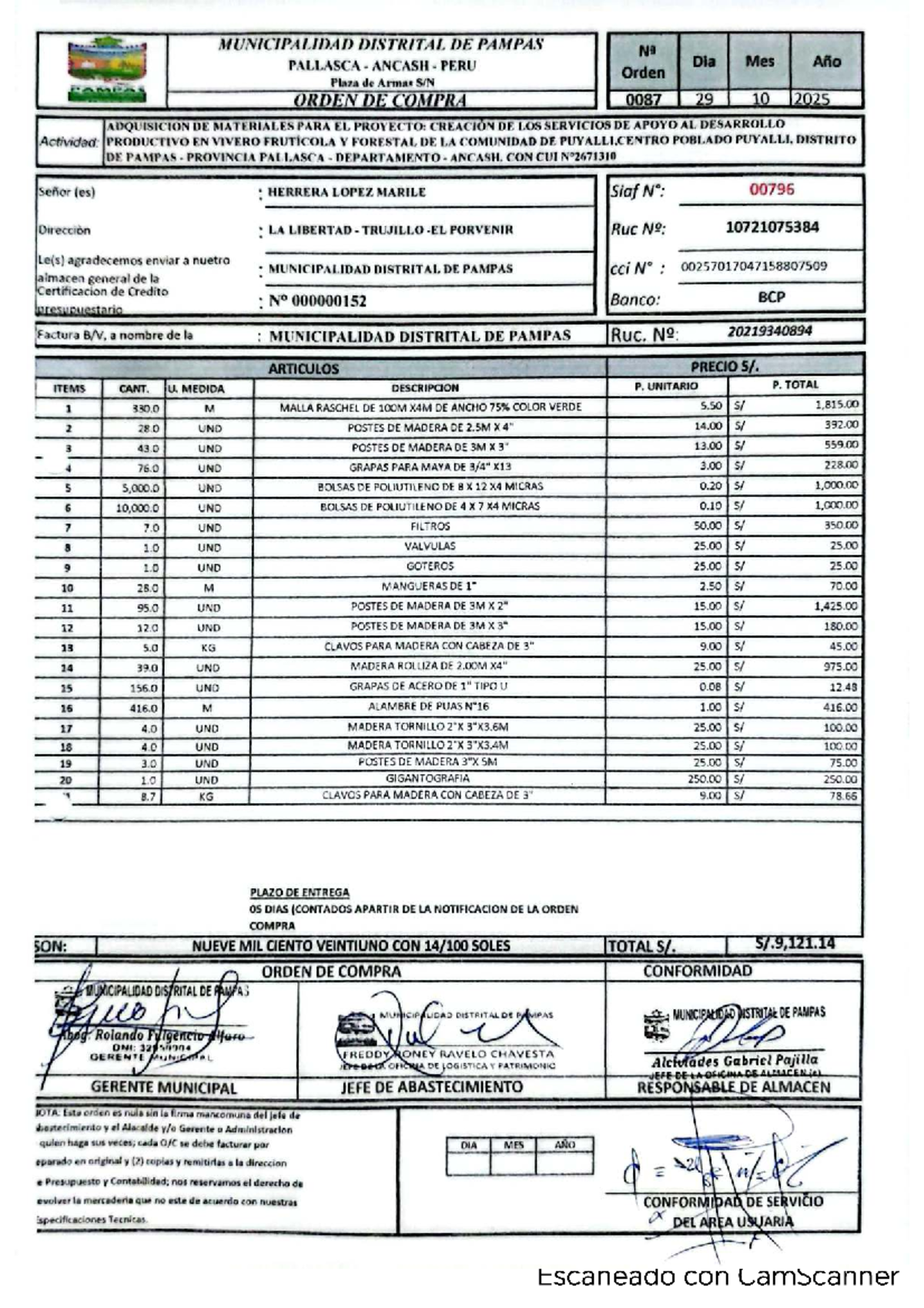 Orden de Compra 0087-0090: Adquisición de Materiales y Servicios para ...