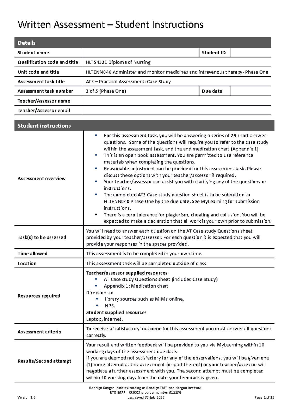 HLTENN040 Case Study Questions - AT3 Practical Assessment Guide - Studocu