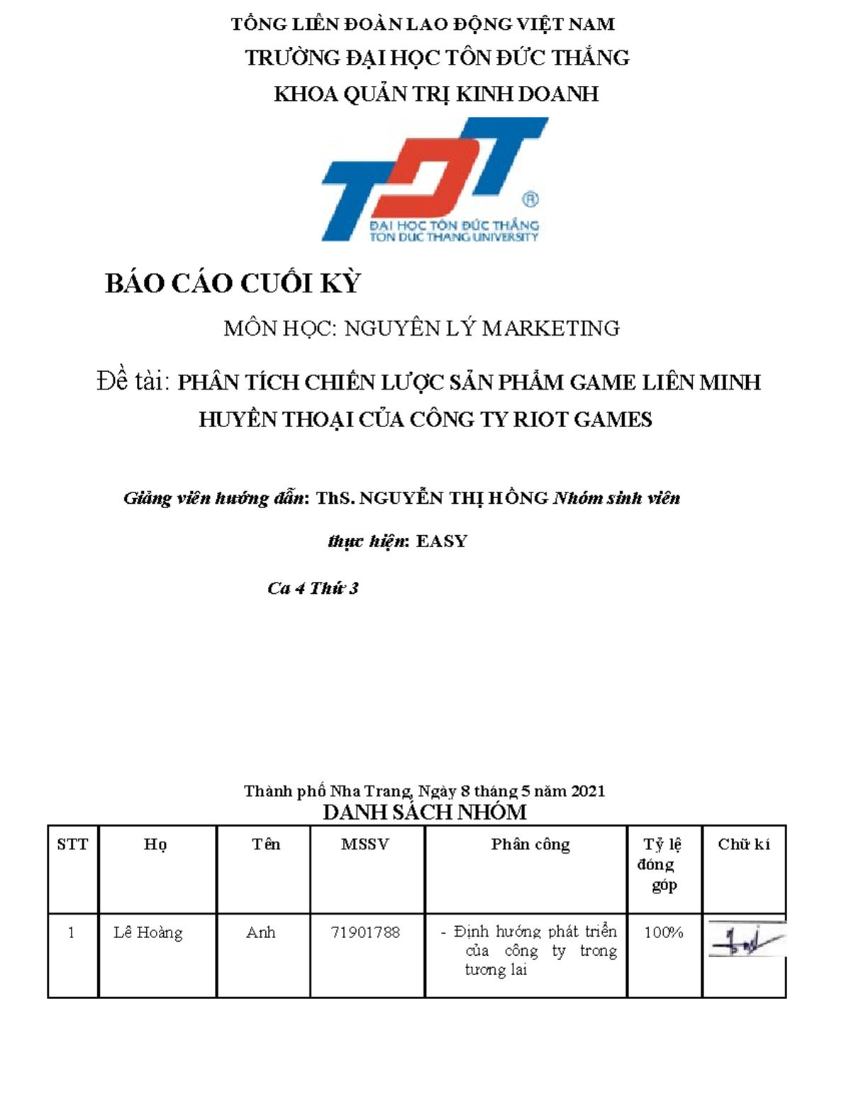 Báo cáo cuối kỳ môn Nguyên lý Marketing - Phân tích sản phẩm LOL - Document Preview