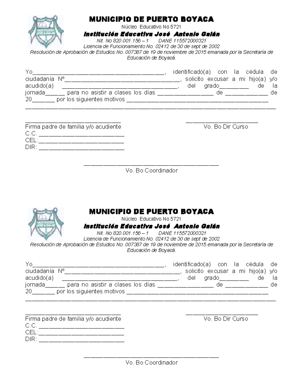 Formato de Excusa para Estudiante - José Antonio Galán - Studocu