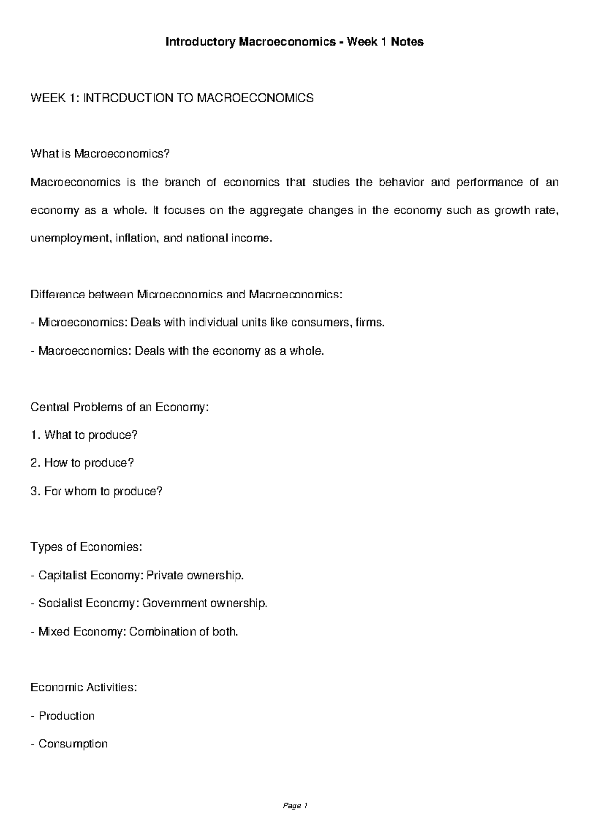 Introductory Macroeconomics Week 1 Lecture Notes - Studocu