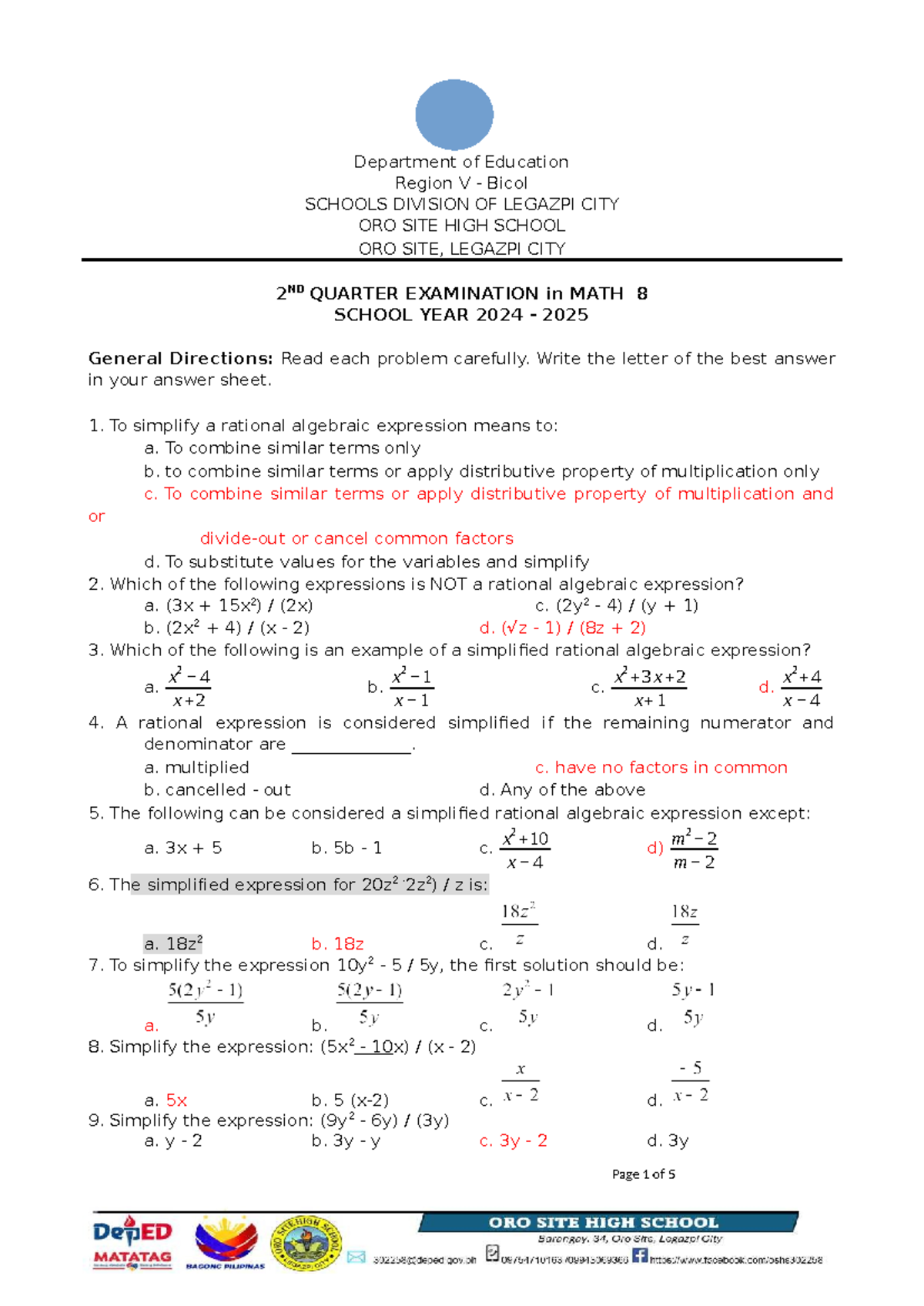 QA Math 8 Q2 Exam with Answer Key for 2024-2025 - Studocu
