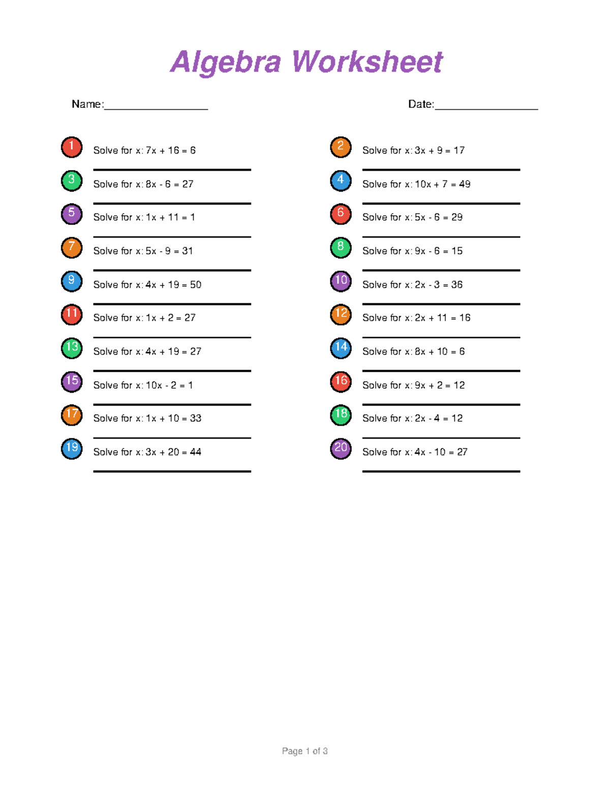 Algebra Worksheet 1: Solving for x and Word Problems - Studocu