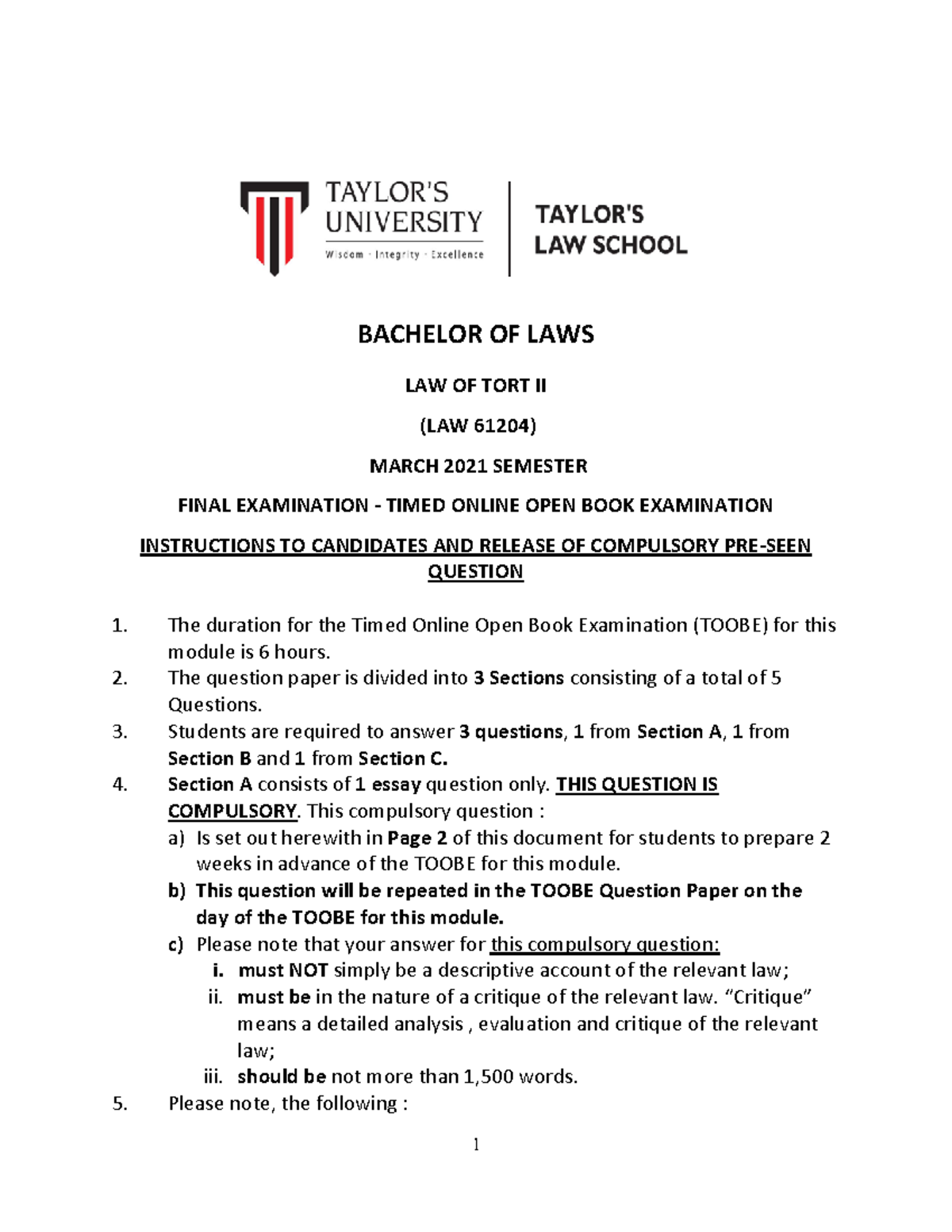 Law of Tort II (LAW 61204) March 2021 Final Exam Pre-Seen Question ...