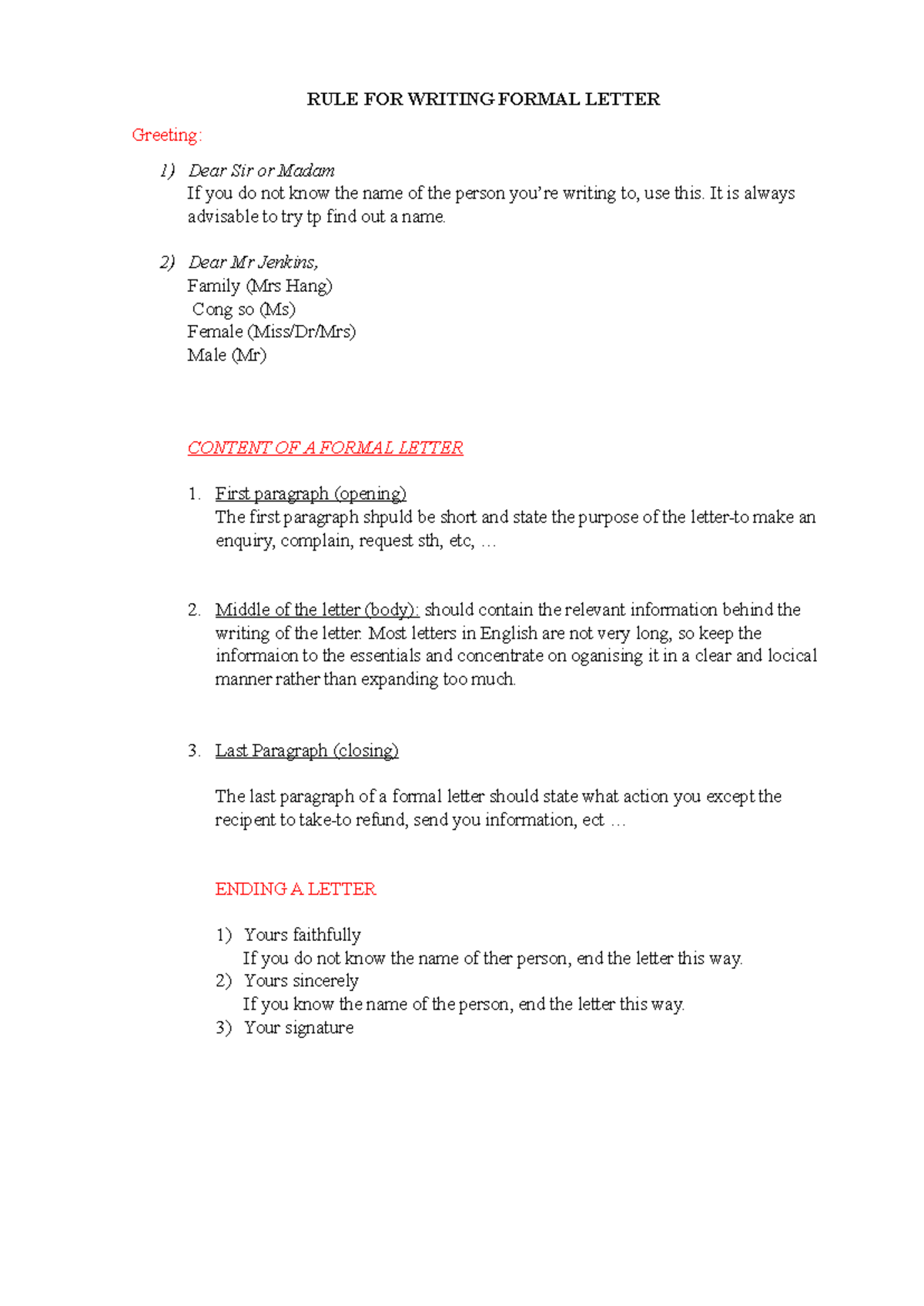 ENG 101: Guidelines for Writing Formal Letters - Studocu