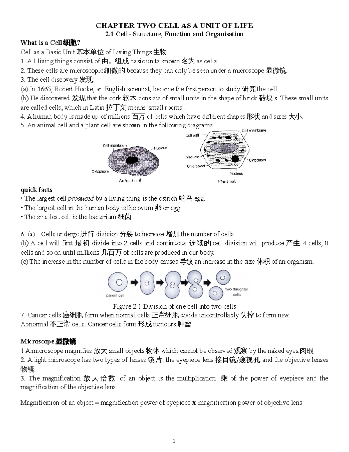 F1 Chapter 2 Notes: Cell as a Fundamental Unit of Life - Studocu