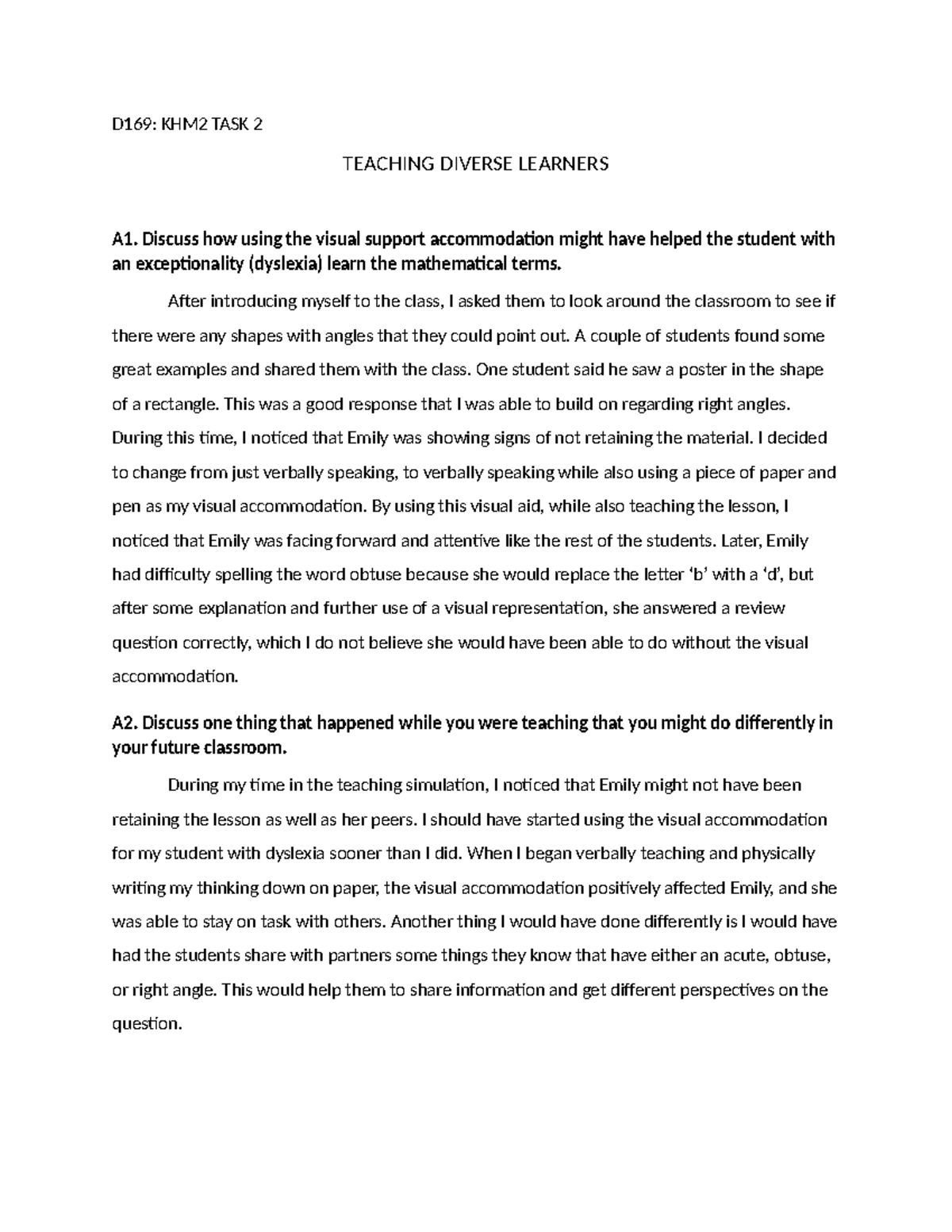 D169 - Summary of my time in the Mursion simulation. - D169: KHM2 TASK ...