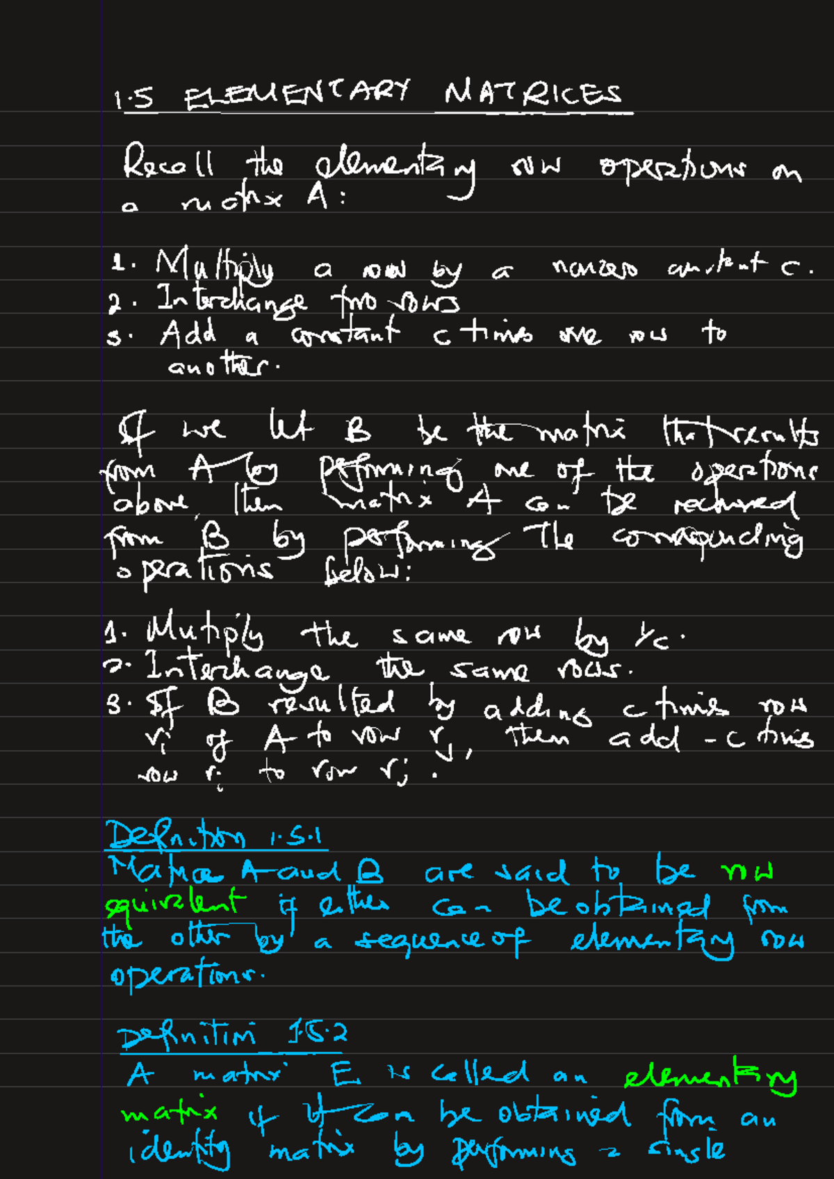 SMA3209 Final Exam Notes: Elementary Matrices and Operations - Studocu