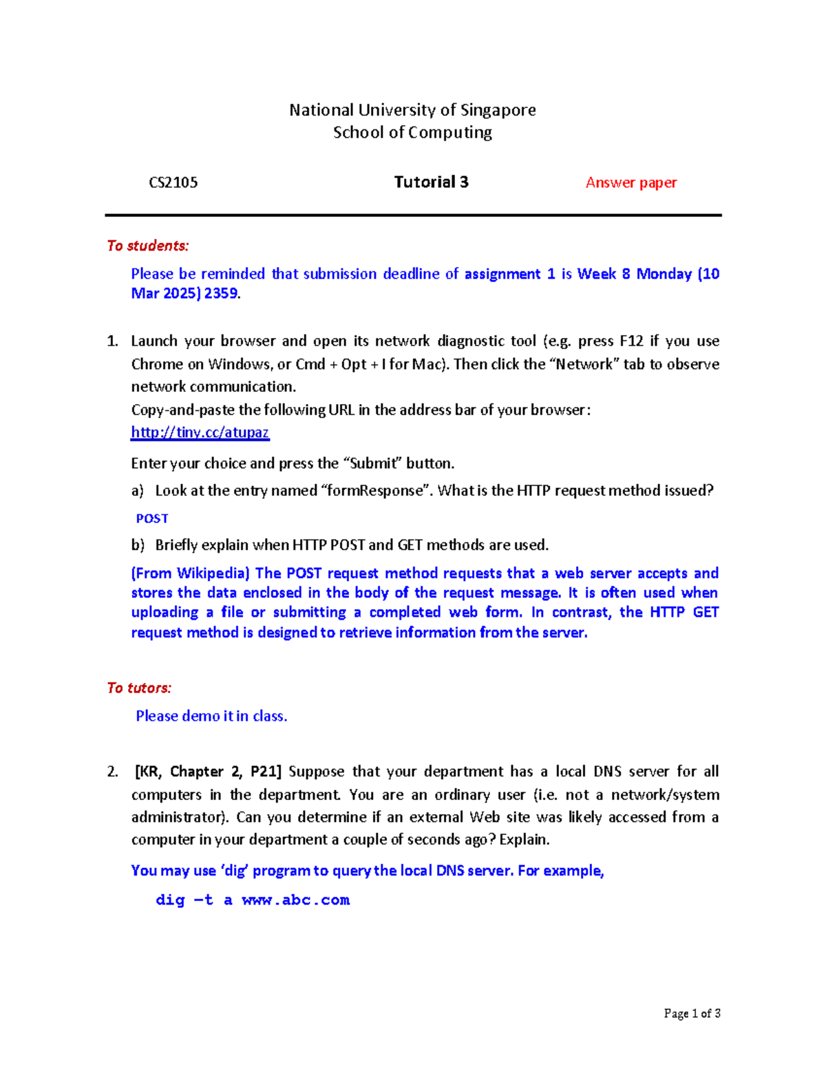 CS2105 Tutorial 3 answer paper and assignment reminders - Studocu
