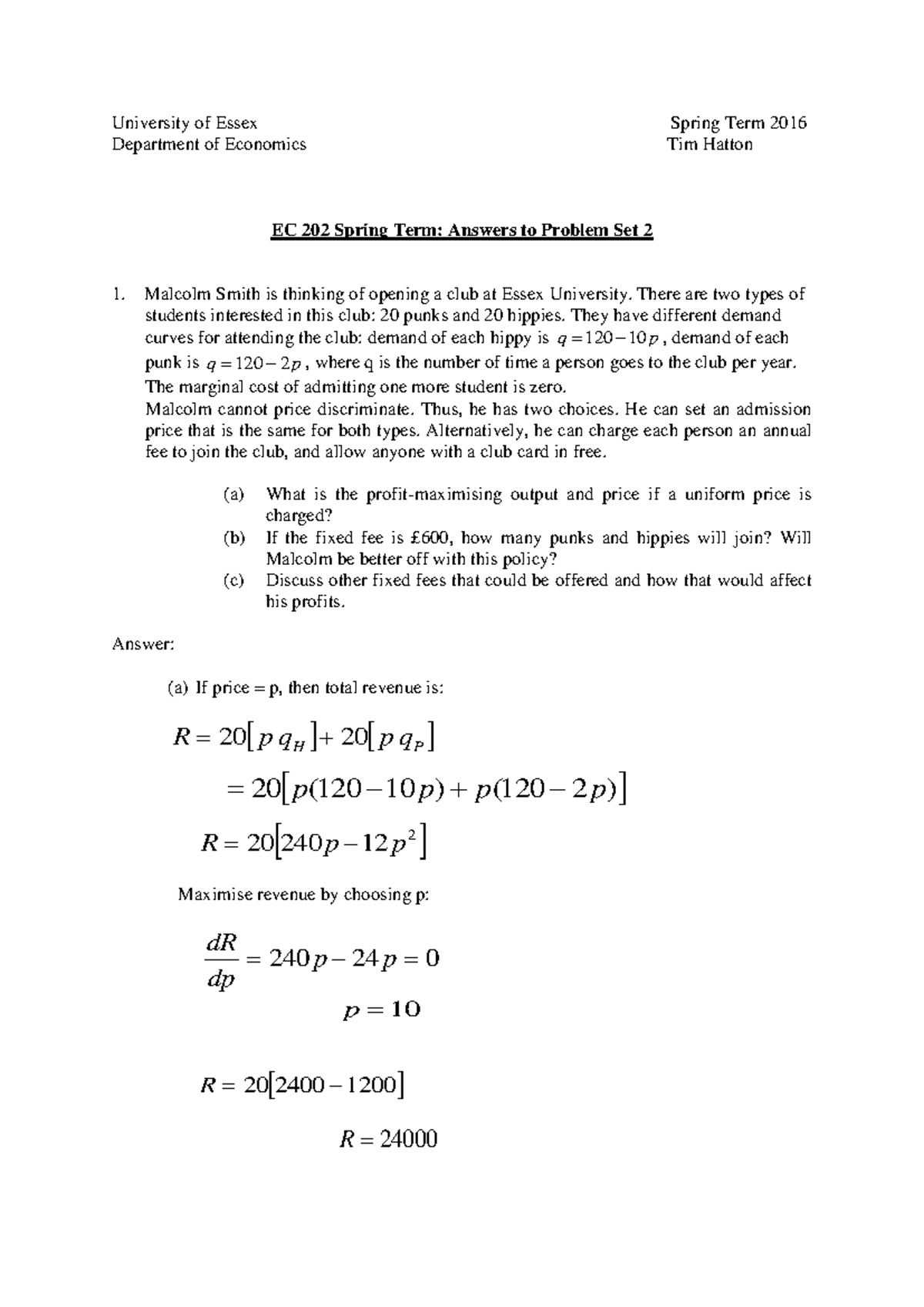 EC202 Problem Set 11 Solutions: Demand Curves Analysis - Studocu