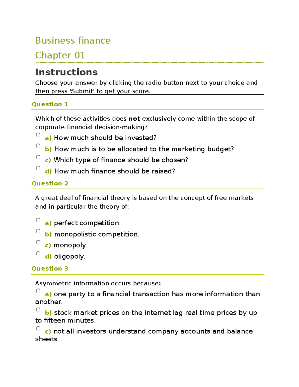 Business Finance FIN 101 Chapter 1-4 Study Guide and Answers - Studocu