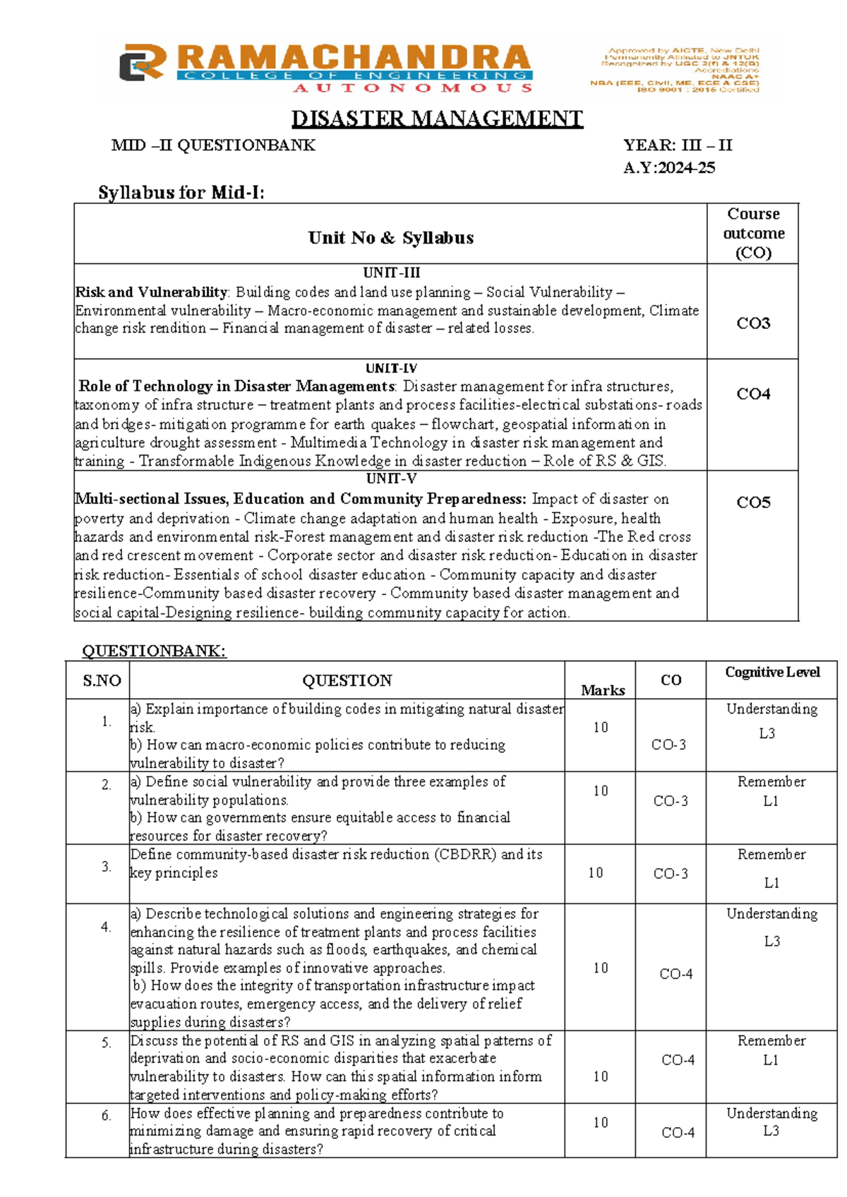 DM QB-MID-II 24-25 - Comprehensive Midterm Question Bank on Disaster ...
