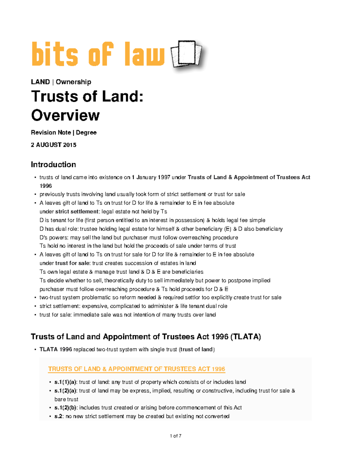 Trusts-of-land - Land Law - bits of law LAND | Ownership Trusts of Land ...