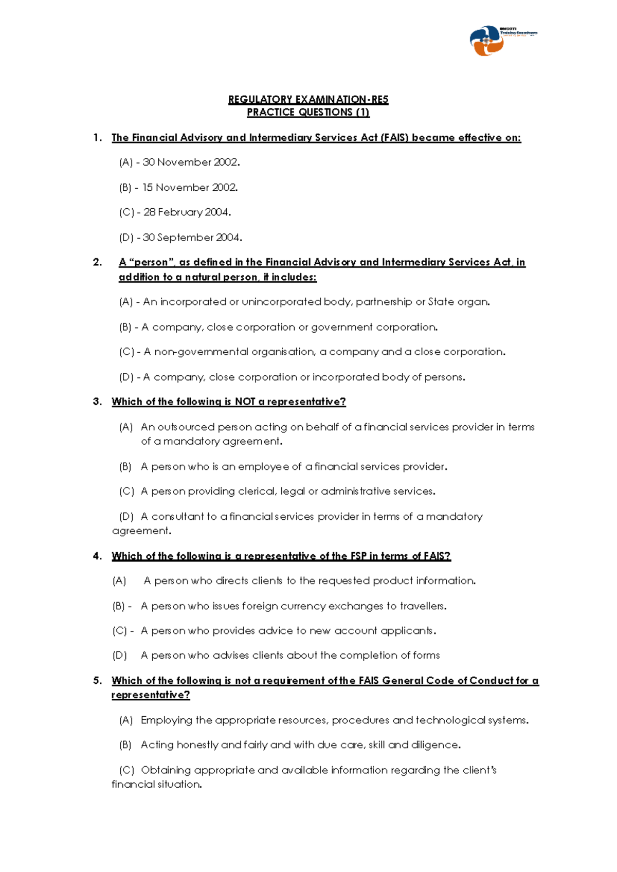 Regulation Exam RE5 Practice Questions for Financial Advisory Services ...