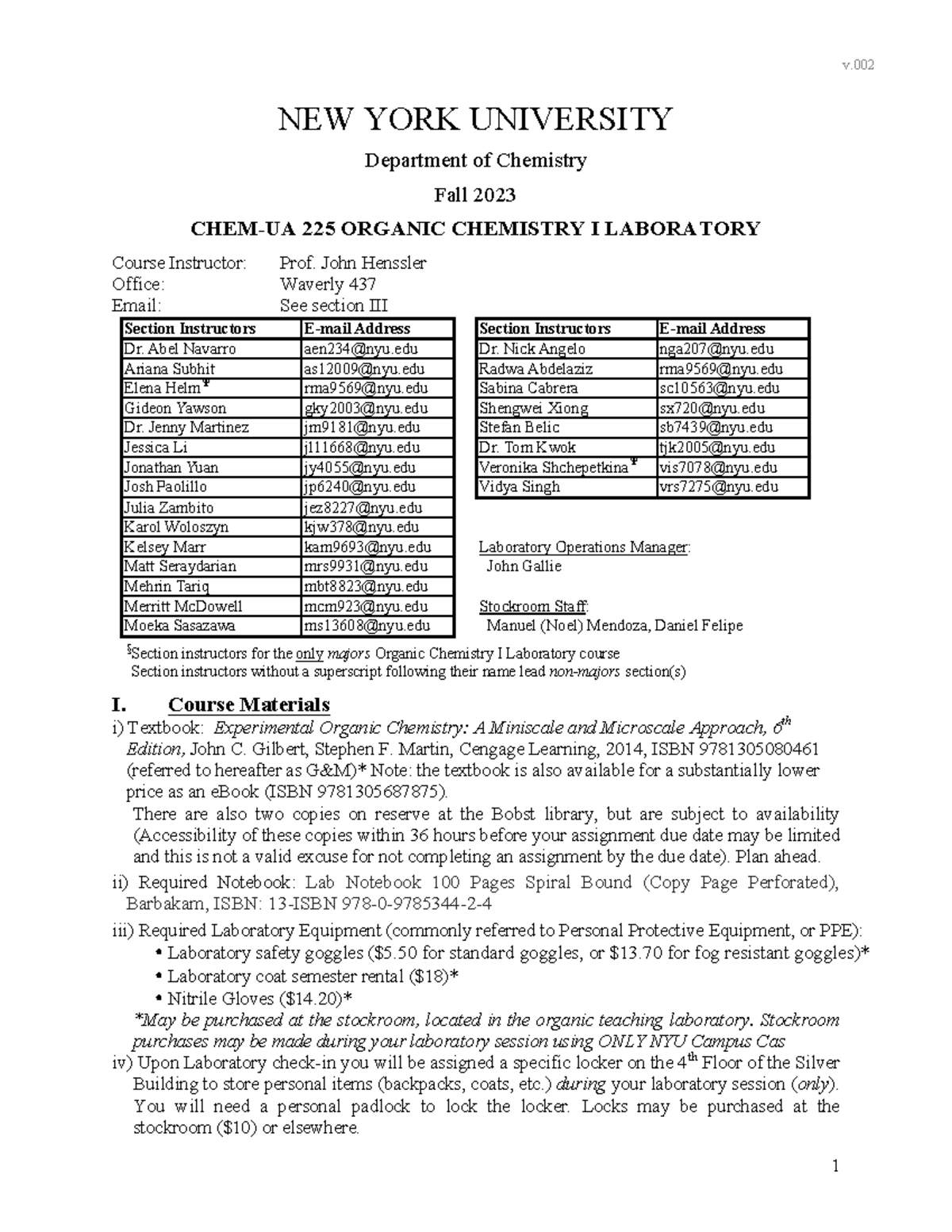 Fall 2023 CHEM 225 Organic Chemistry I Lab Syllabus and Contacts - Studocu