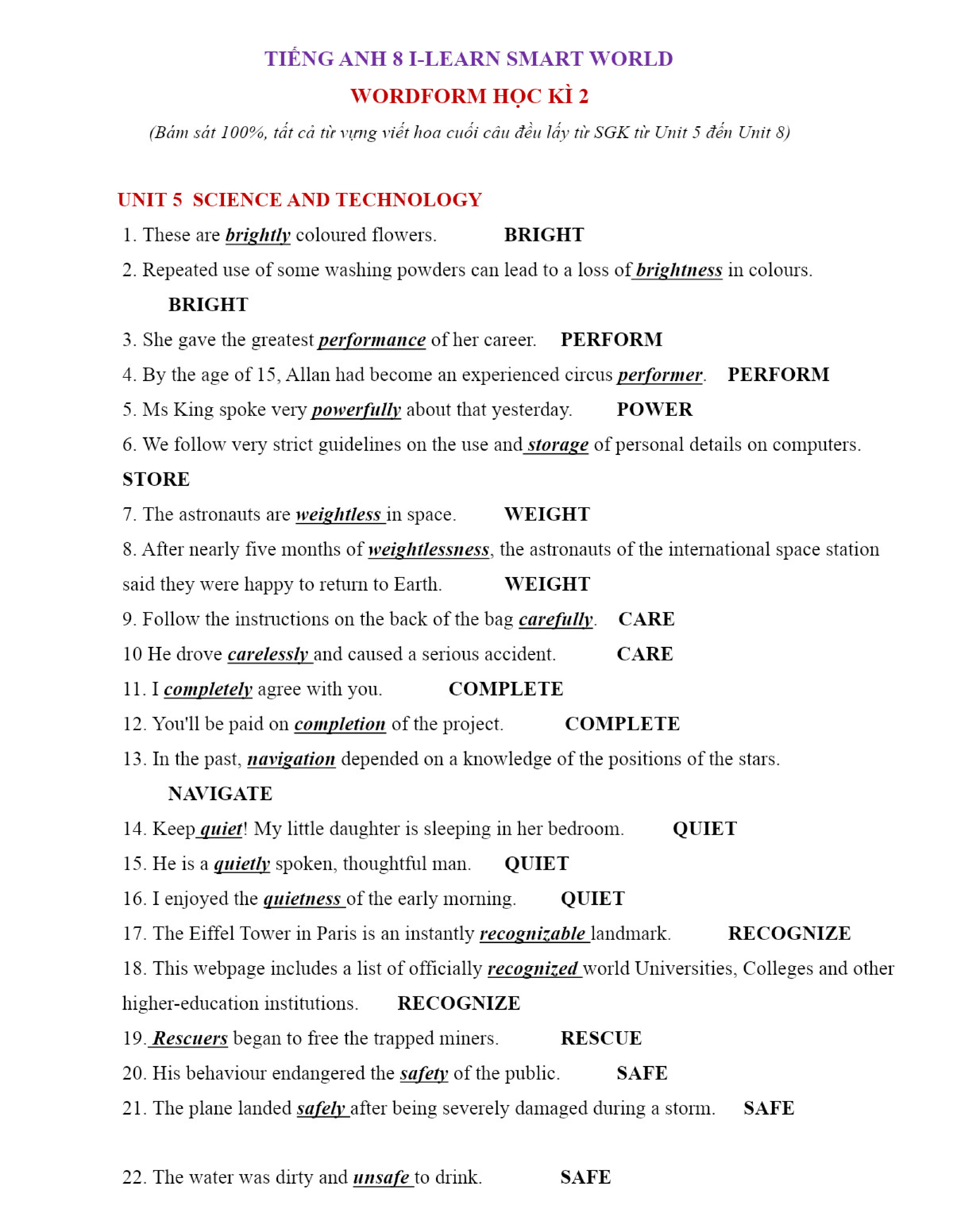 TIẾNG ANH 8 SMART WORLD WORD FORM HOC Ki 2 - UNIT 5 TO UNIT 8 KEY - Studocu