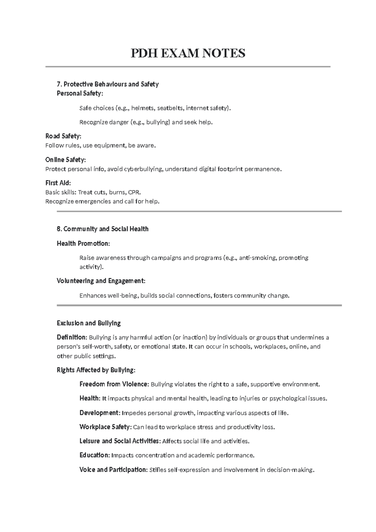 PDH Exam Yearly Notes: Protective Behaviours & Safety Insights - Studocu