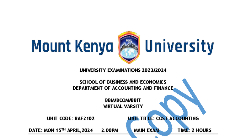 BAF2102 Cost Accounting Final Exam Review Notes - Studocu