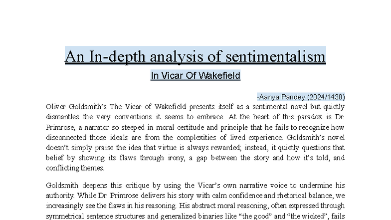 An In-depth Analysis of Sentimentalism in The Vicar of Wakefield - Studocu