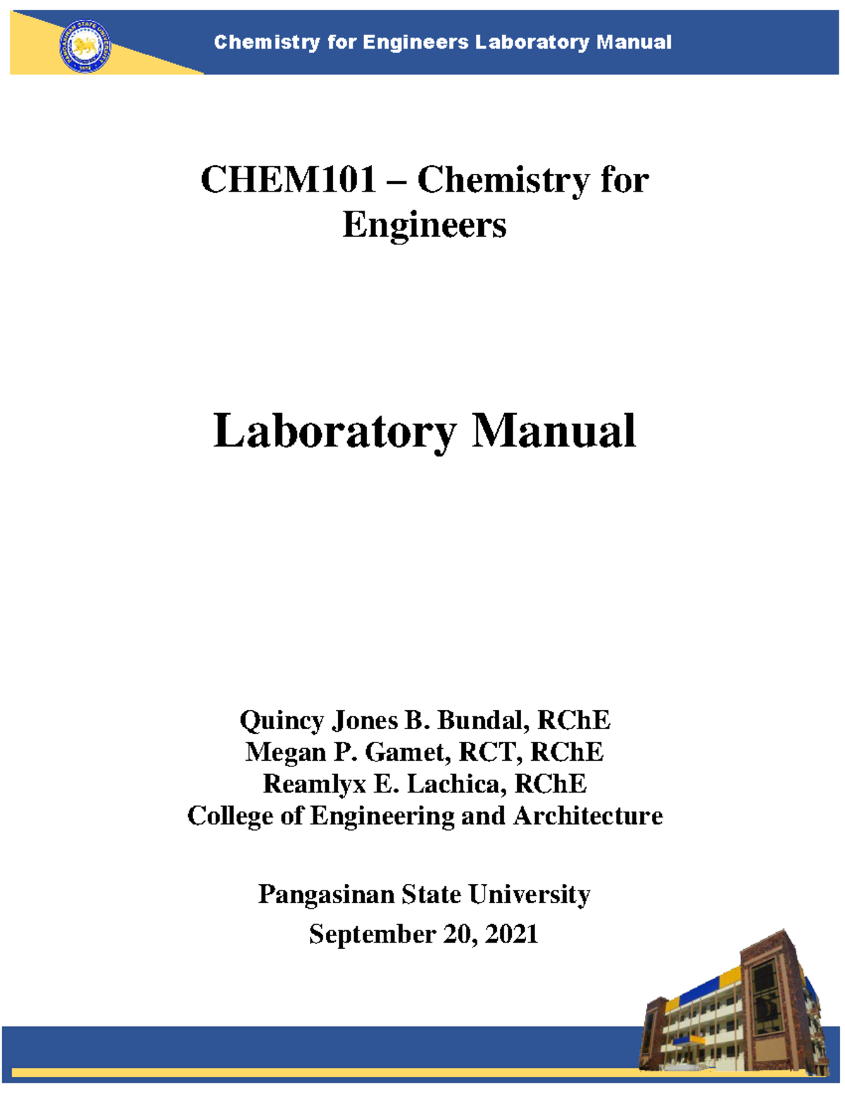 Chemistry for Engineers Laboratory Manual CHEM101: Comprehensive ...