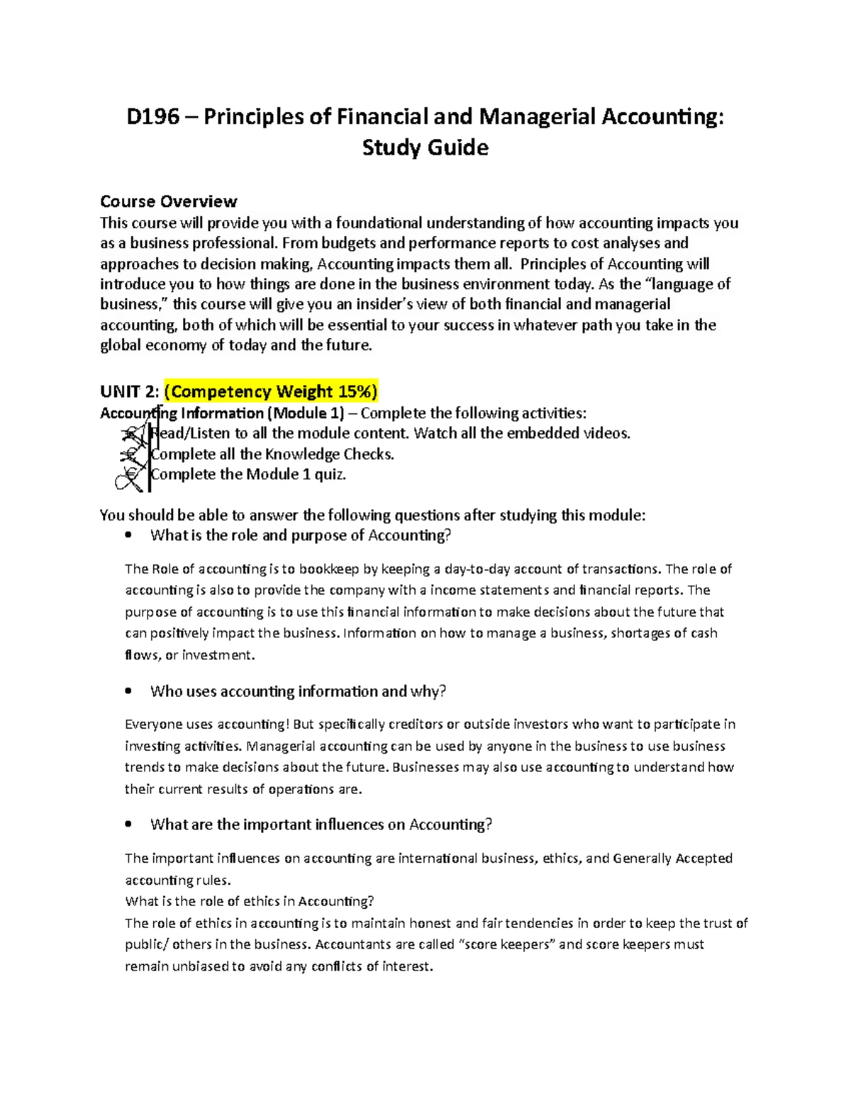 D196 Study Guide: Key Concepts in Financial & Managerial Accounting ...