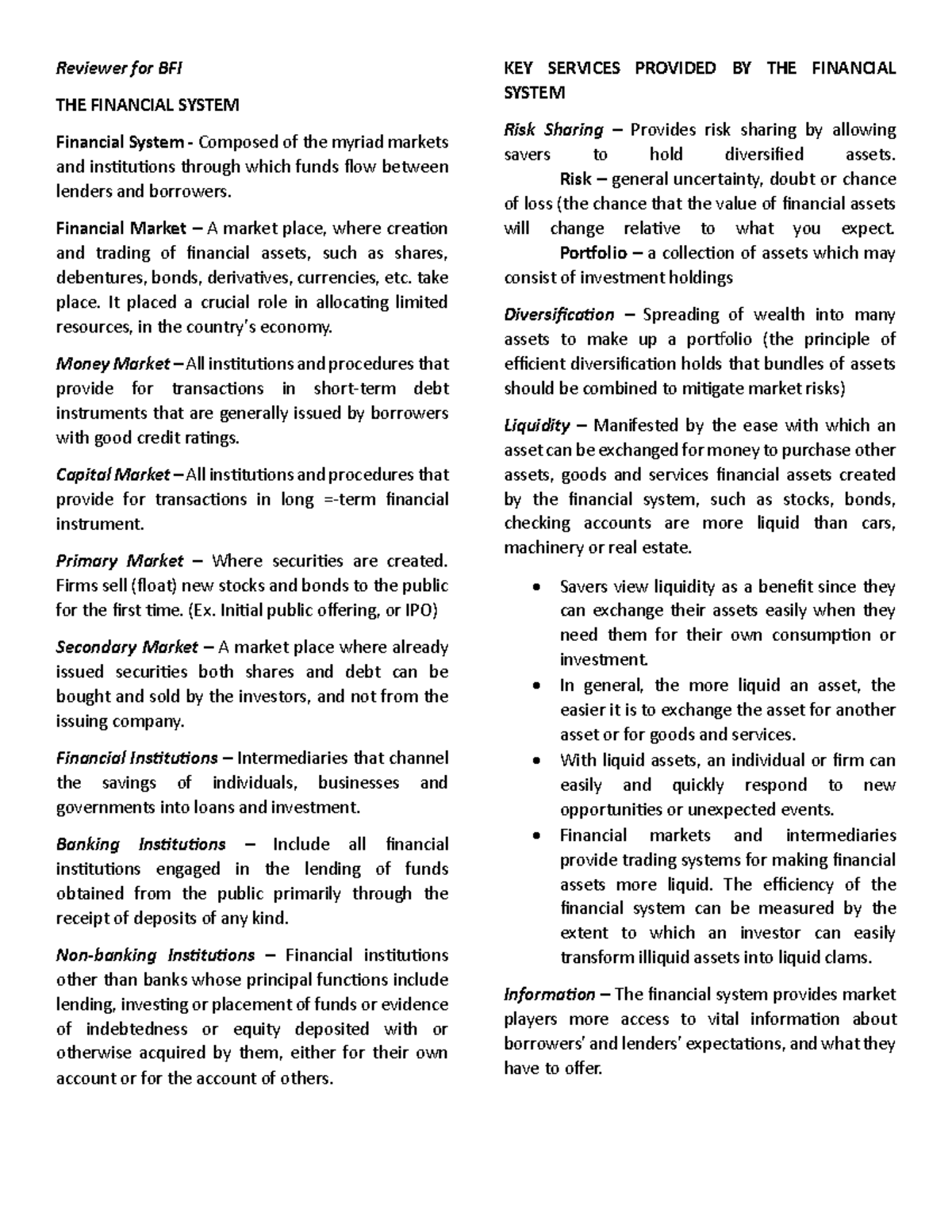 Summary for BFI 2 - Midterm Review on Financial Systems and Banking ...