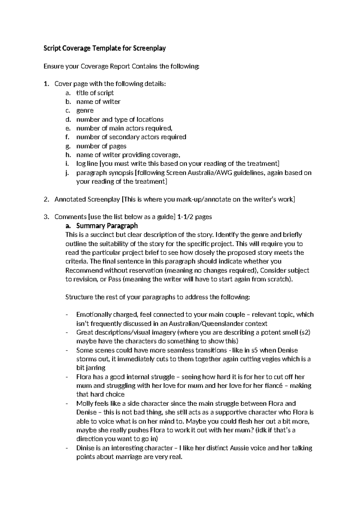 Script Coverage Template for Screenplay Analysis - Studocu