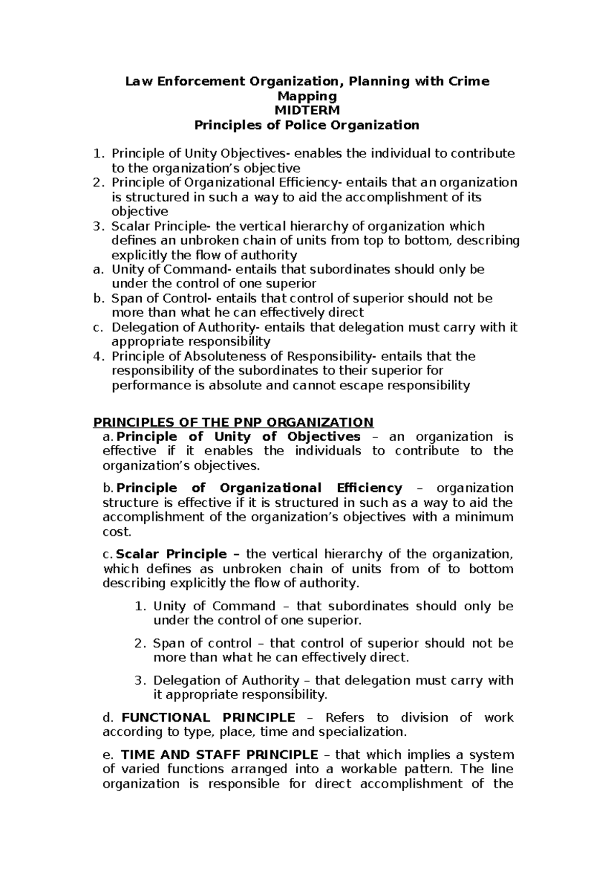 Principles of Police Organization & PNP Structure: MIDTERM Review LEA ...