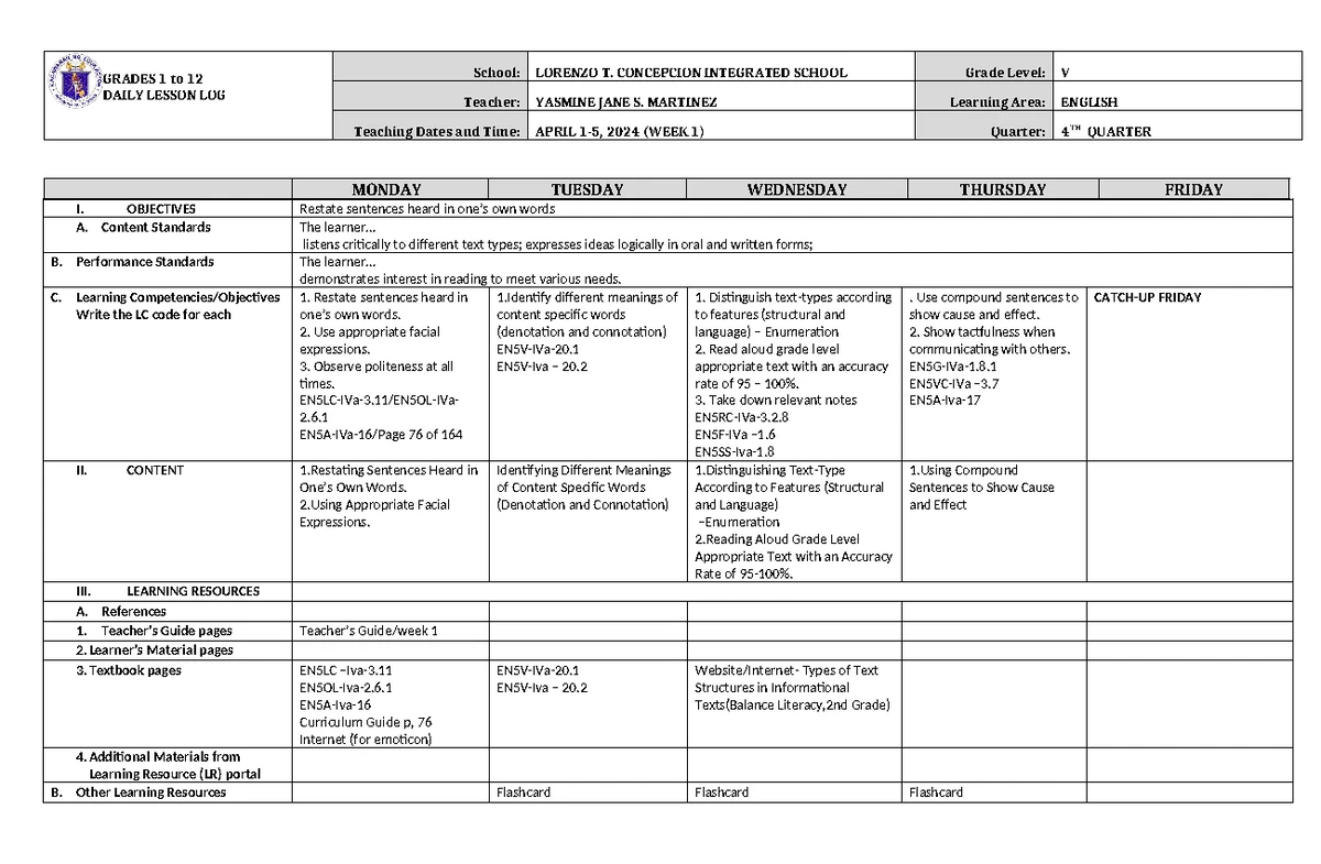 DLL ENGLISH 5 4TH QUARTER WEEK 2 LESSON LOG - Studocu