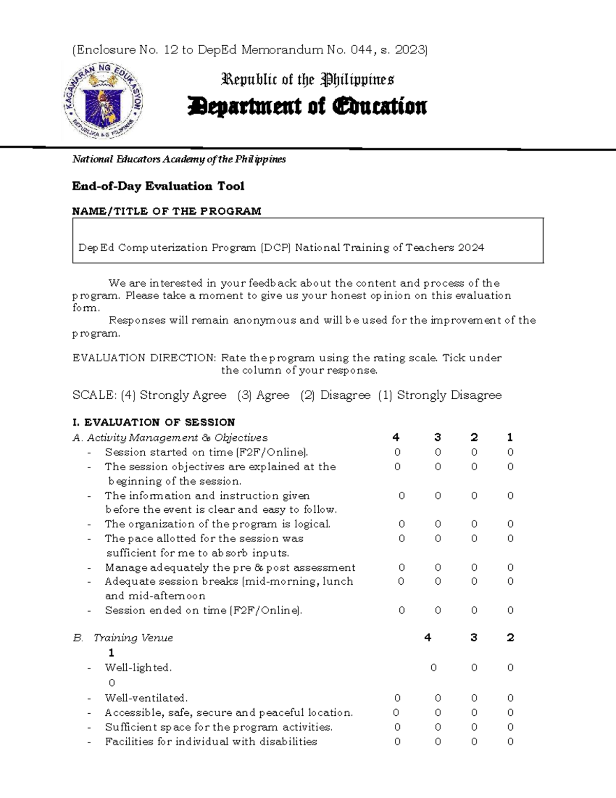 End-of-Day Evaluation Tool for DepEd Computerization Program (DCP) 2024 ...