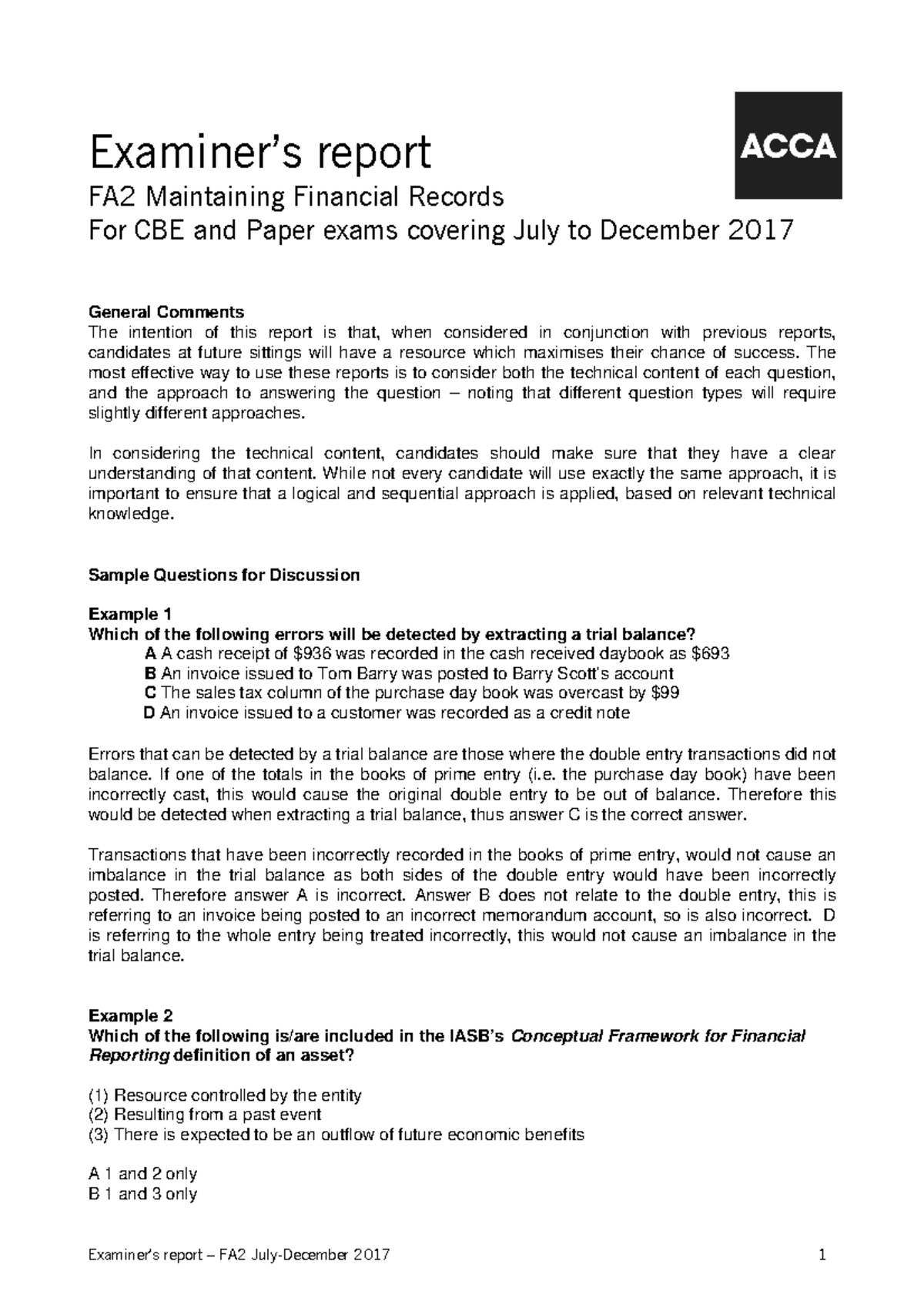 Fa2-examreport-d17 - Fa2 - examinable report - December 2017 - Checked ...