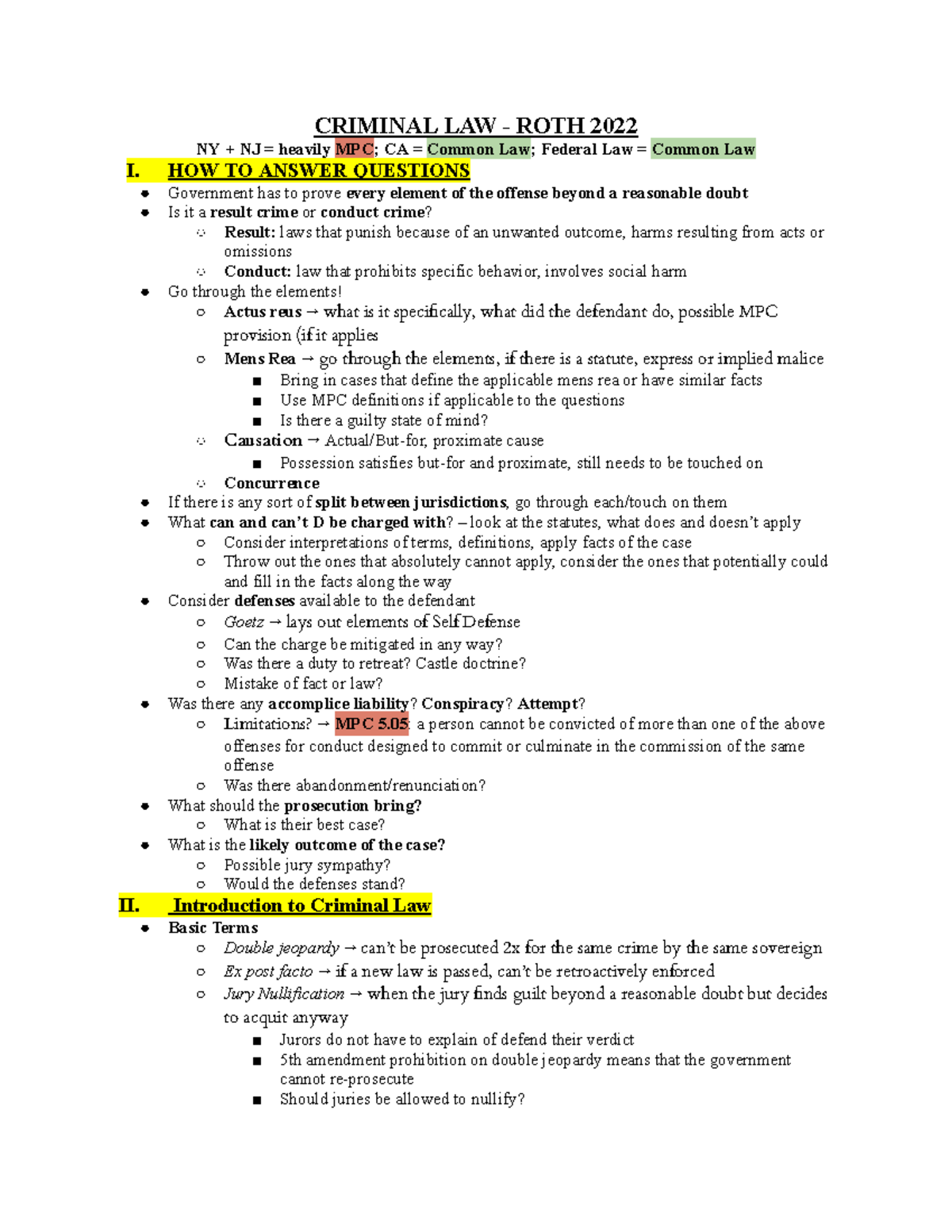 Criminal Law Outline Key Concepts & Elements (CRIMINAL LAW ROTH