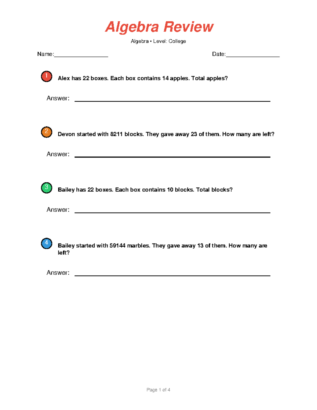 Algebra Review - College 1 Exam Questions and Answers - Studocu