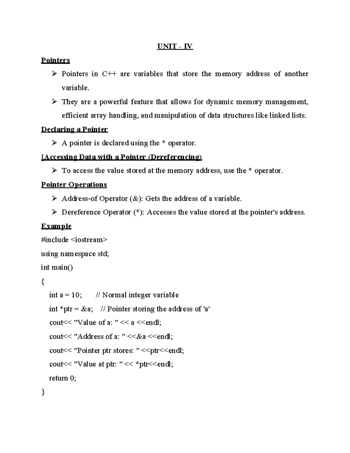 UNIT IV: Pointers and Polymorphism in C++ Programming - Studocu