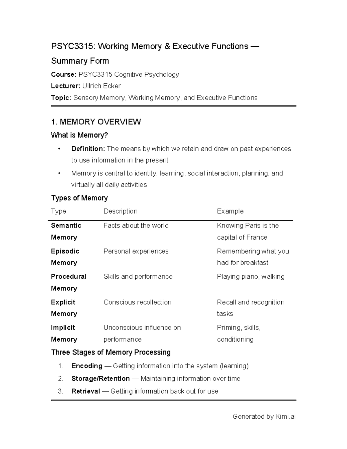 PSYC3315: Summary of Working Memory & Executive Functions - Studocu