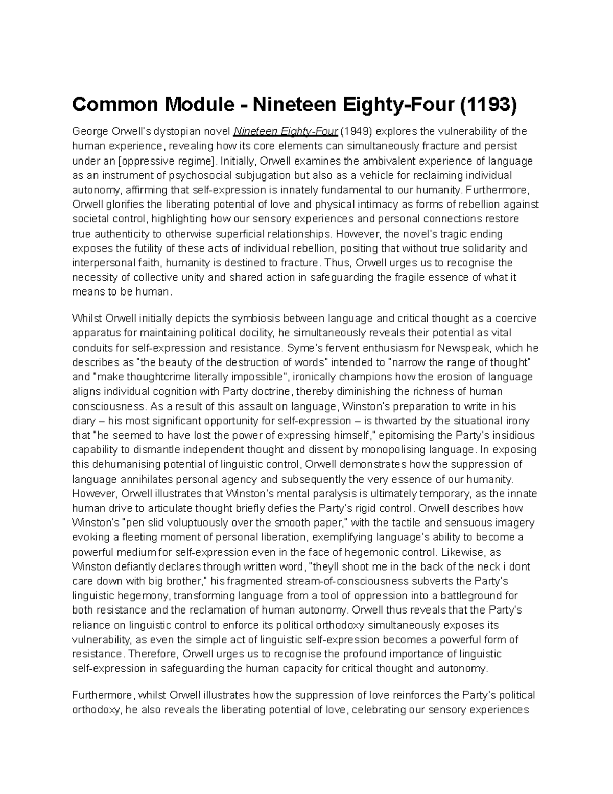 HSC Master Document: Analysis of Orwell's Dystopian Themes in 1984 ...