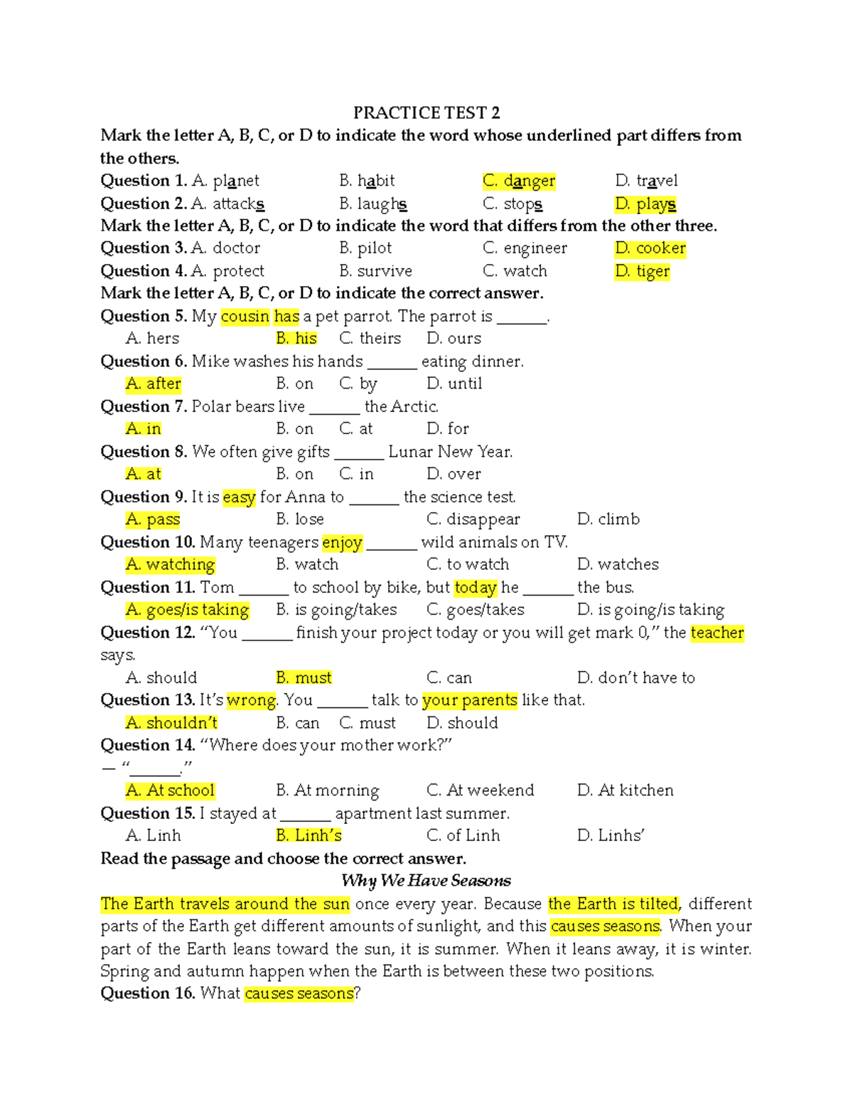7A Practice Test 2: Vocabulary and Grammar Questions - Studocu