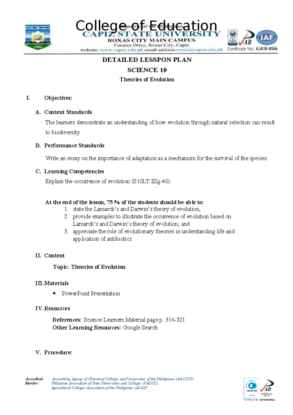 Theories of Evolution - Detailed Lesson Plan for Science 10 - Studocu