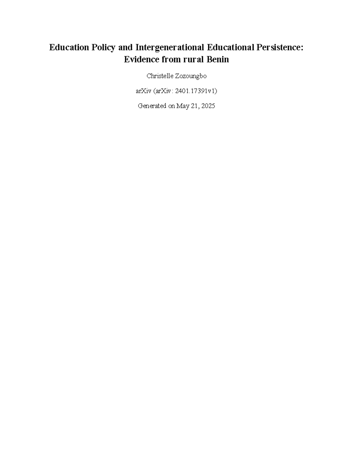Education Policy & Intergenerational Educational Persistence in Rural ...